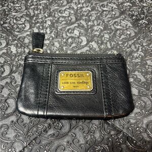 Fossil Black Leather Zip Card Case with Brass Plaque EPC